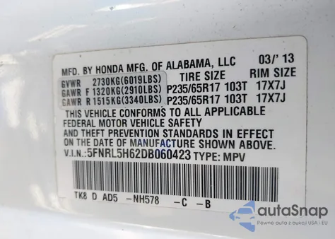 2013 Honda Odyssey Ex-L z USA, uszkodzony, nr VIN 5FNRL5H62DB060423